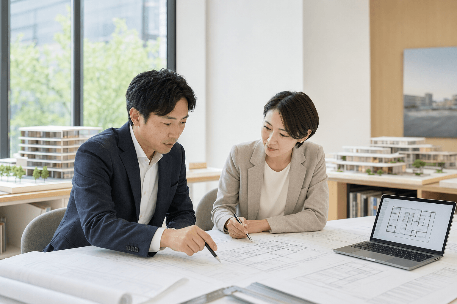 ヘルメットを被り設計書を手にする日本人の一級建築士(イメージ写真/ぱくたそ)
